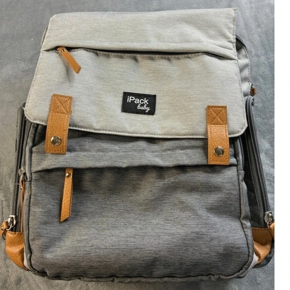 iPack Baby Diaper Bag‎ Backpack Gray Heathered Insulated Pocket Wipes Dispenser